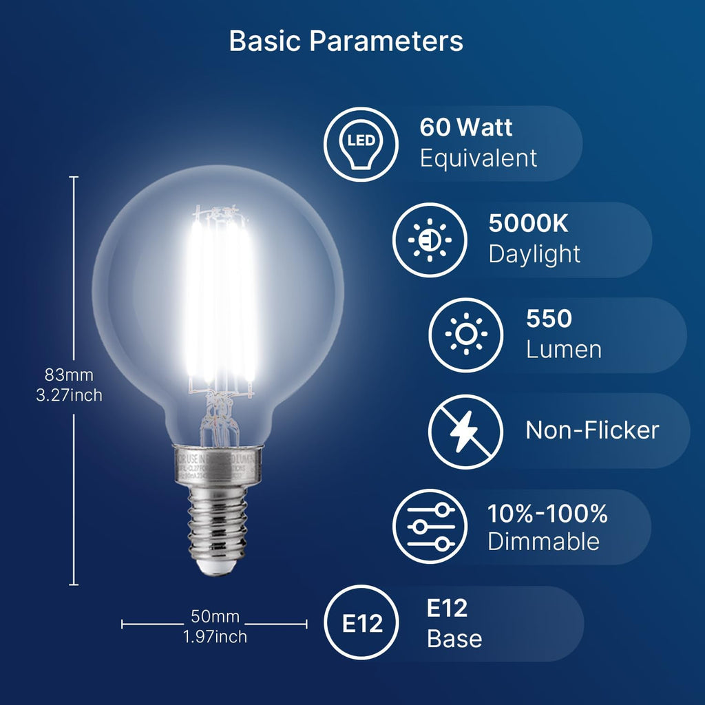 60W Equivalent LED Globe Candelabra Bulbs, Dimmable G16.5 LED E12 Chandelier Light Bulbs, 550LM, CRI90, 5.5W, AC 120V