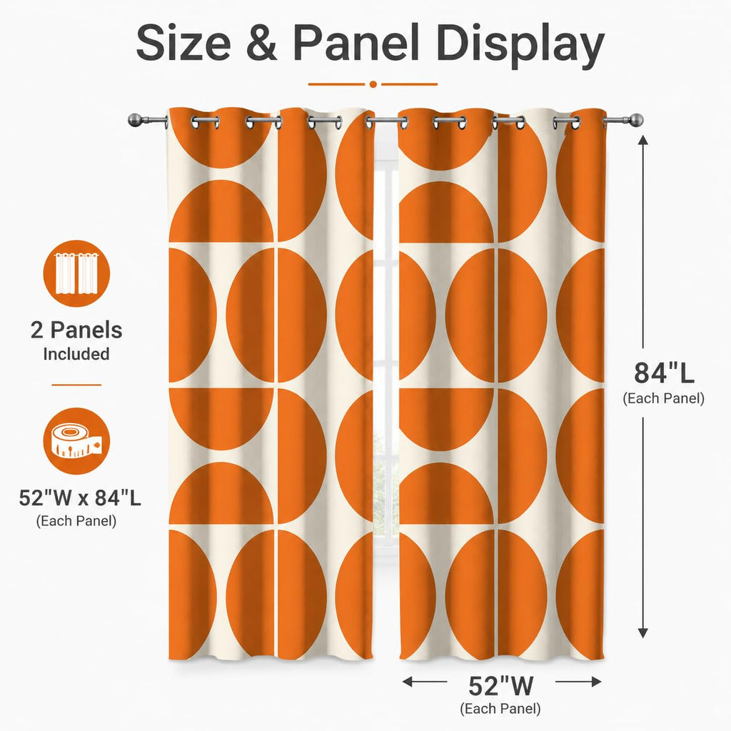 Orange and Beige Modern Geometric Blackout Curtains, Mid Century Retro Abstract Curtains, Boho Unique Semi Circle