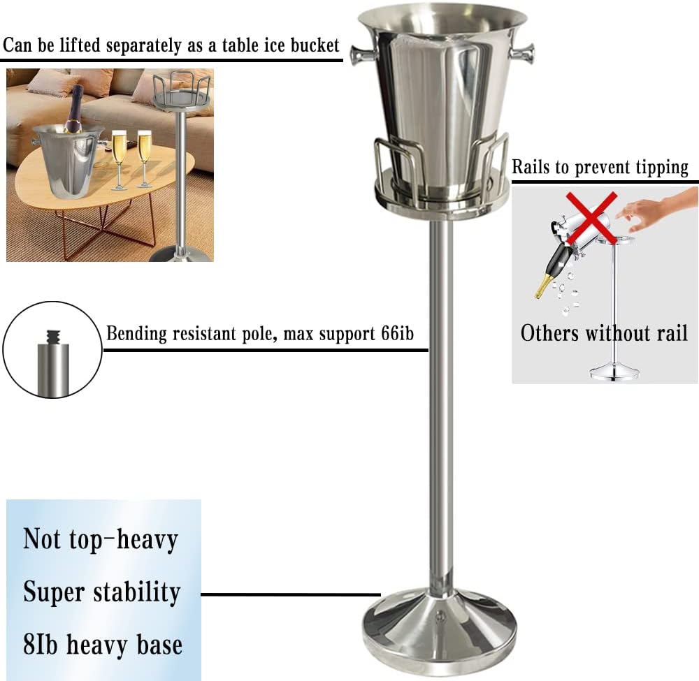 Ice Bucket with Stand 201 Stainless Steel Standing Ice Bucket Ice Cube Container, Wine Bucket on Stand Silver