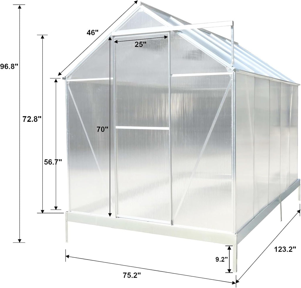 10x7 FT Greenhouse,Polycarbonate Heavy Duty Outdoor Aluminum Walk-in Green House Kit with Rain Gutter and Vent,Plant