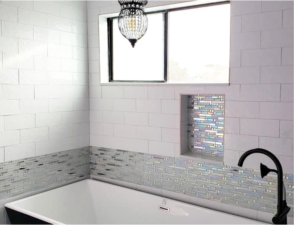 Glass Metal Tile Iridescent White Glass Silver Mirror Stainless Steel Blends Interlocking Strip Wall TSTNB01 (Pack of