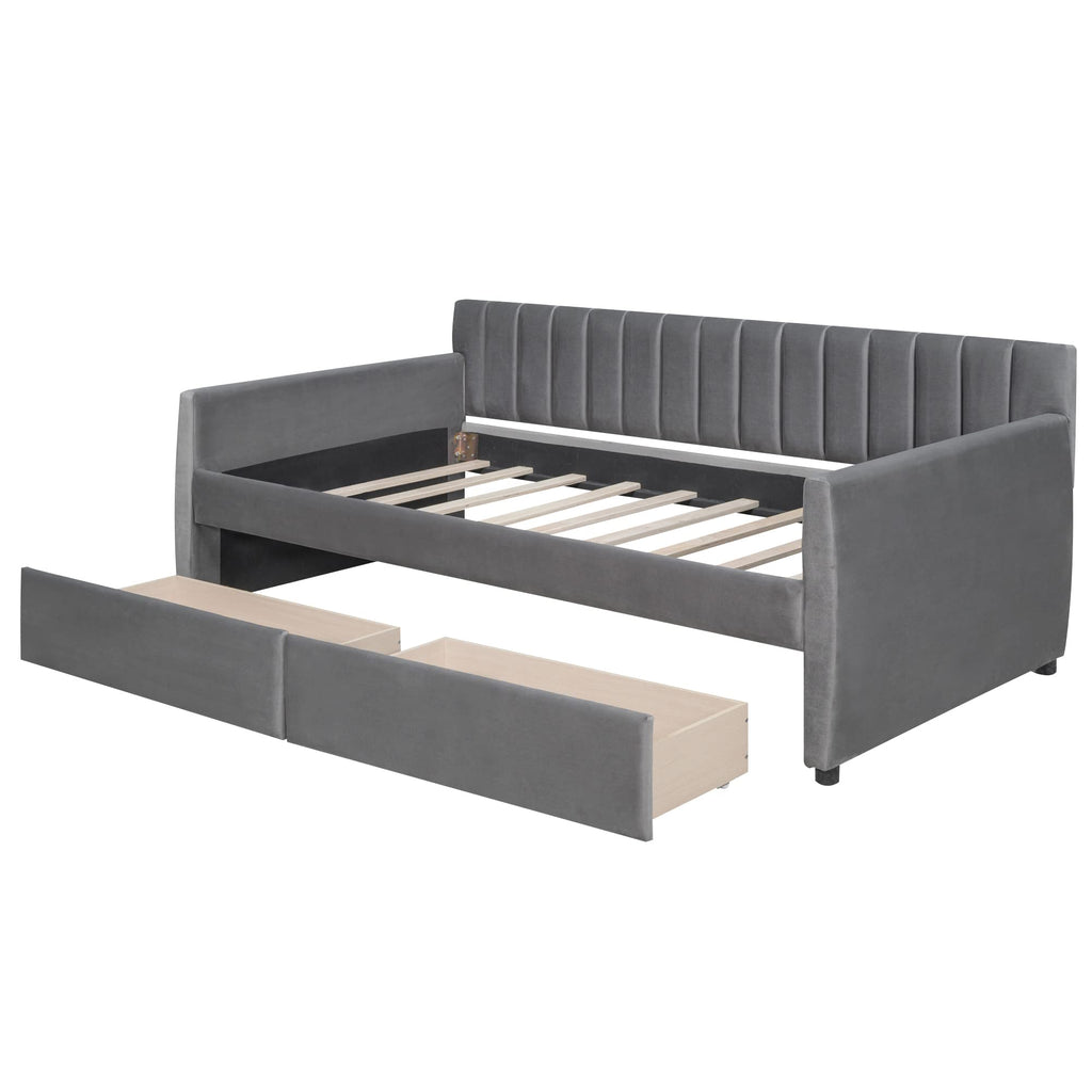 Upholstered daybed with Drawers, Wood Slat Support, Twin Size Upholstered Frame Sofa Bed, Gray