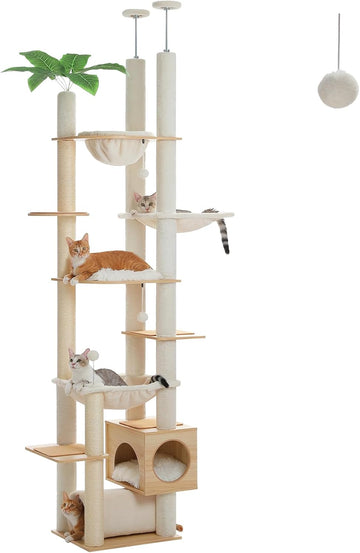 Floor to Ceiling Cat Tree, 93-101'' Adjustable Wooden Tower, Beige