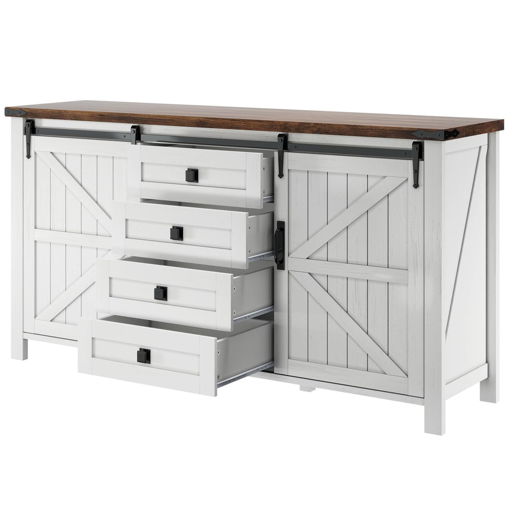 60" Farmhouse 4-Drawer with Barn Doors, Rustic White