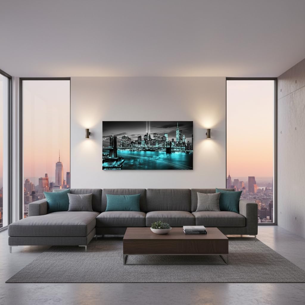 New York City Canvas Wall Art Black White Brooklyn Bridge Pictures Teal NYC Skyline Cityscape Artwork Bedroom Modern