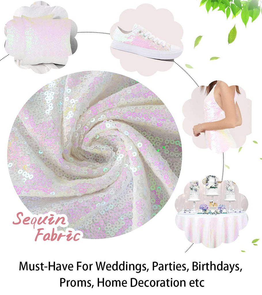 Sequin Fabric By The Yard Iridescent White, Sparkly Glilz Sequin Fabric for Wedding/Dessert Table, Fabric Xmas Tree