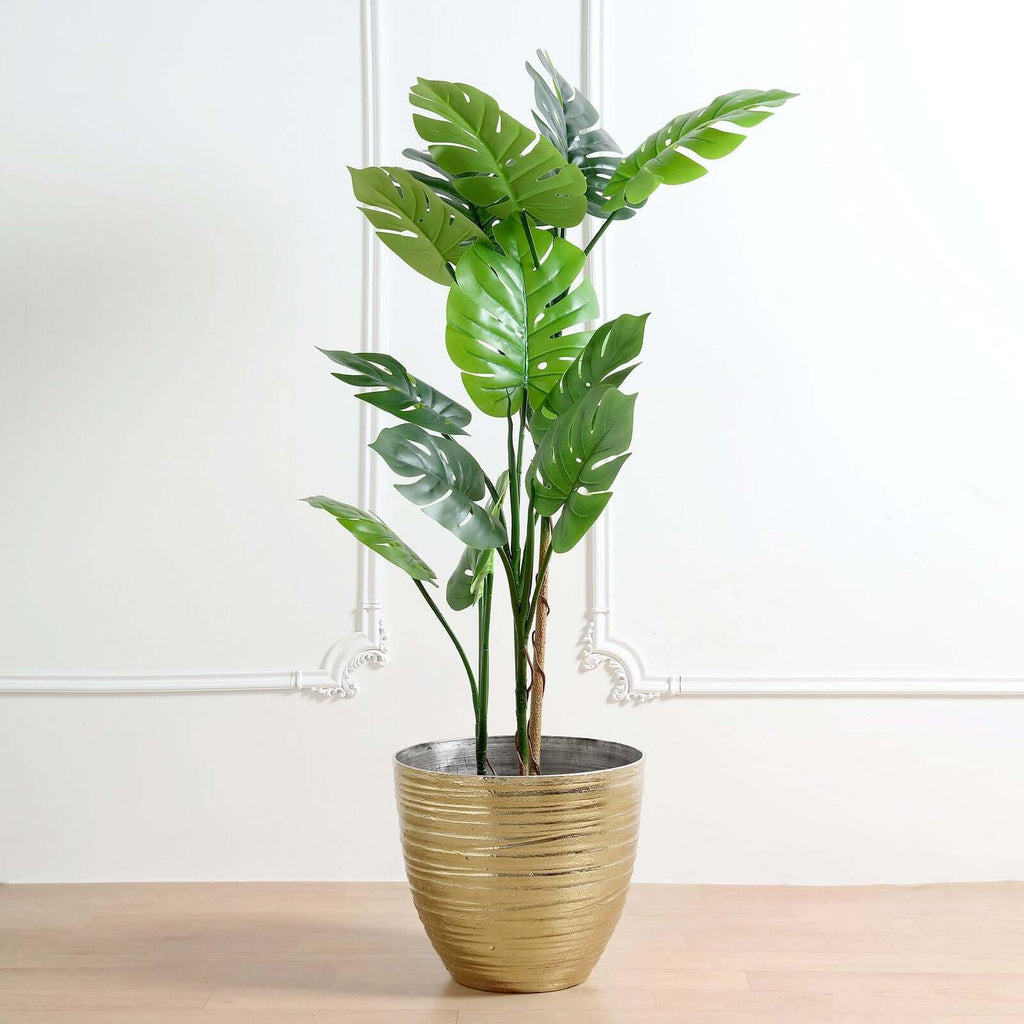14 inch Large Metallic Gold Round Planter, Statuesque Gilded Flower Pot for Grand Entrances, Luxury Hotels and