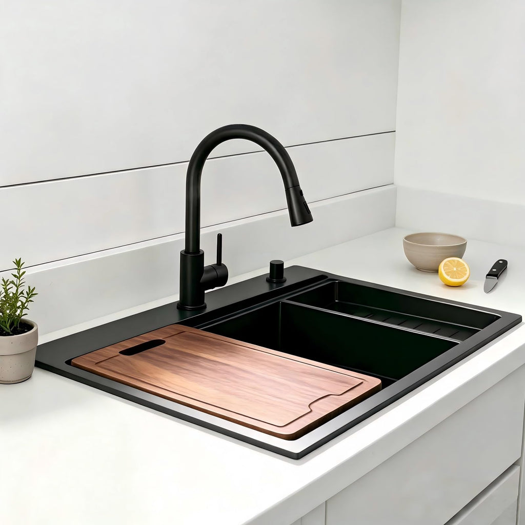33 Inch Black Drop Sink, 33x22 Top Mount Workstation Handmade 16 Gauge Single Bowl Stainless Steel Sink with cutting