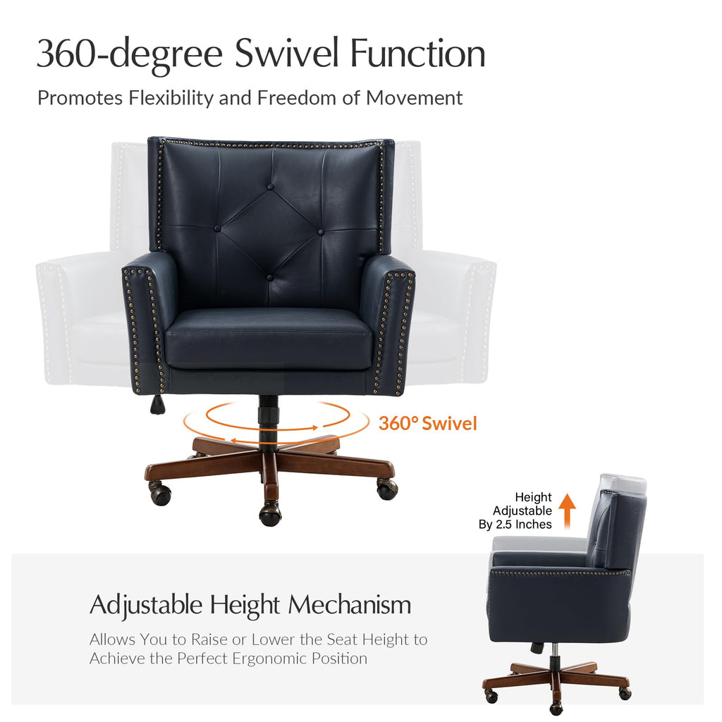 Faux Leather Office Chair with Tilt Function & Wood Base, Navy