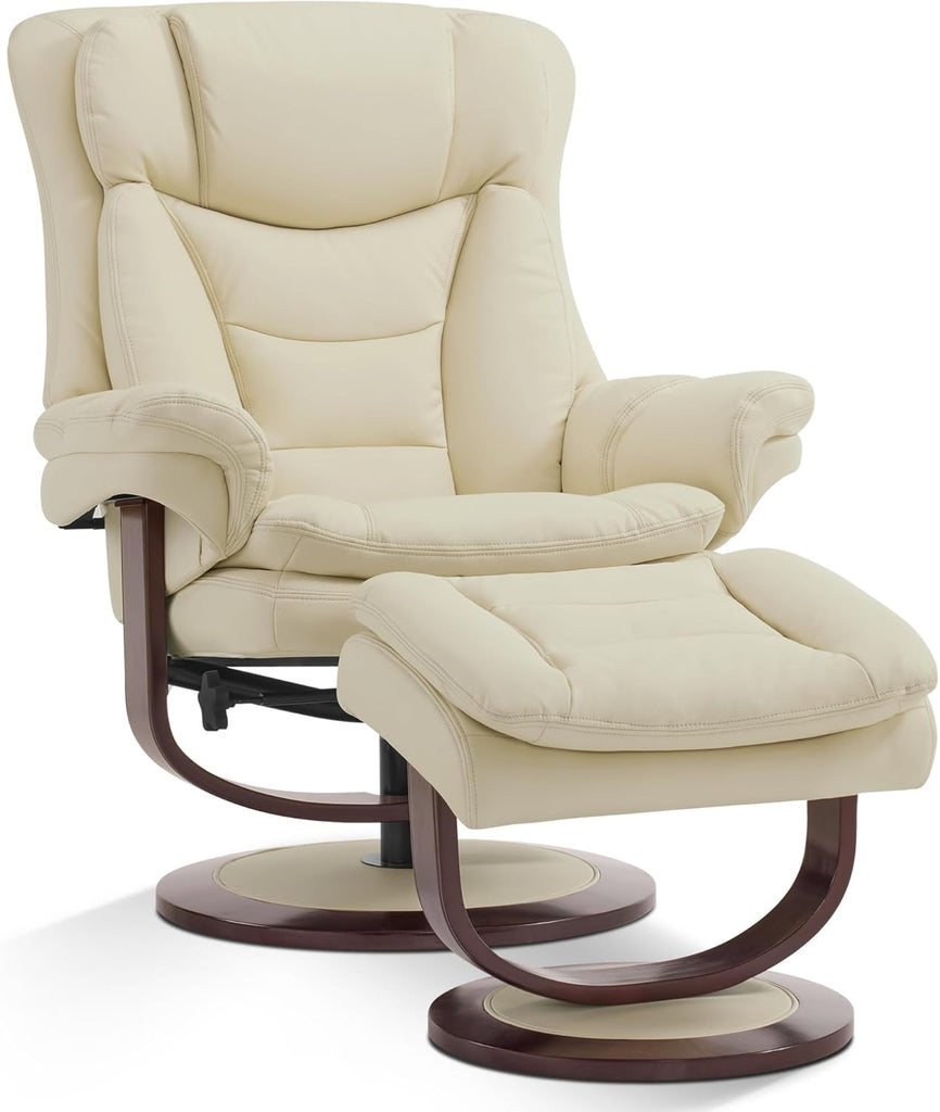 Modern Reclining Swivel Lounge Chair and Ottoman — White Faux Leather