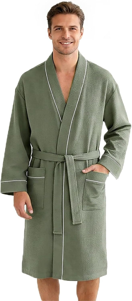 Men's Cotton Waffle Kimono Robe, Lightweight Soft Spa Shower Bathrobe, Hotel Lounge Robes for Men