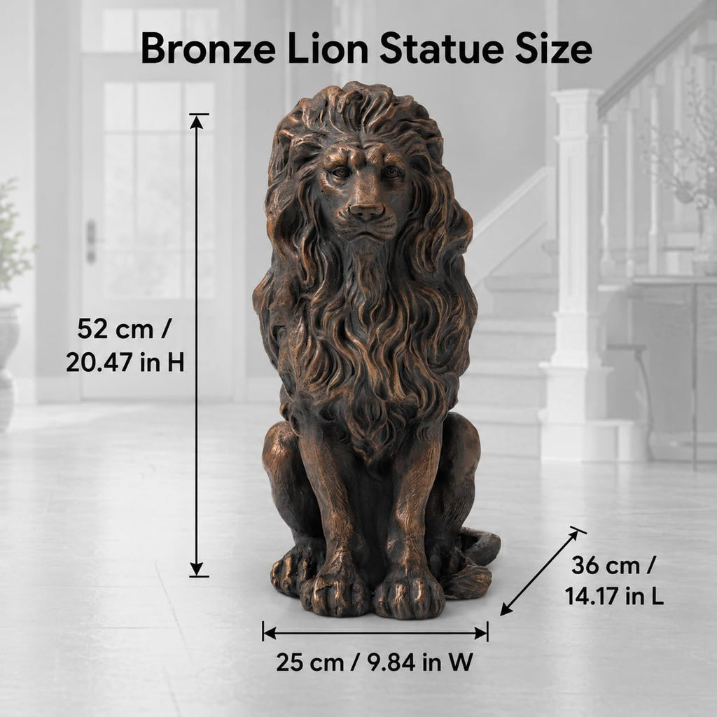 Bronze-Tone Lion Statue, 20.47 in Sitting Resin Garden Sculpture | Layered flowing mane, defined facial features