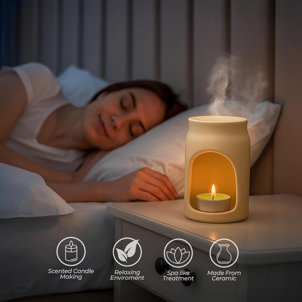 Hamira Decor Aroma Diffuser Set - Ceramic Oil Burner with 2 Tealight Candles & 10ml Essential Oil - Compact & Elegant - Set of 3