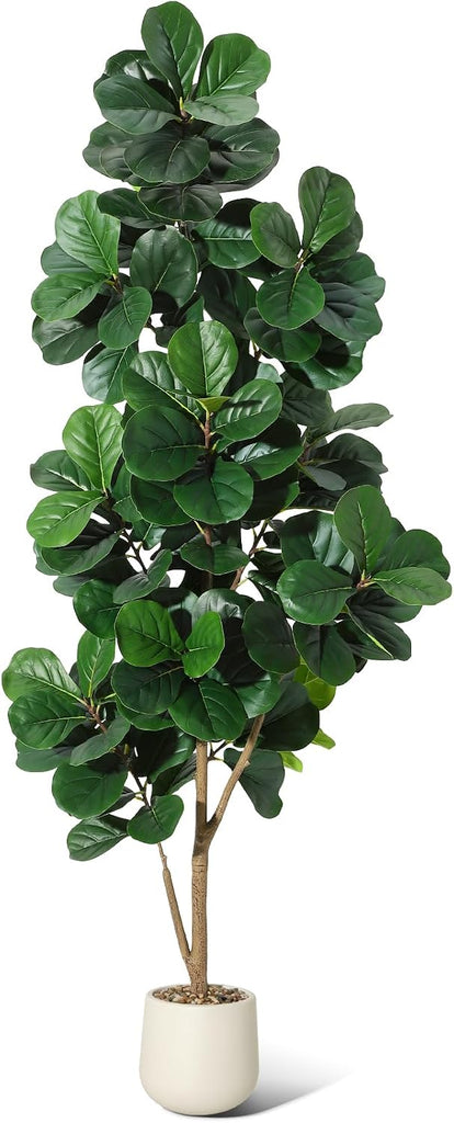 7 ft Fiddle Leaf Fig Tree Artificial with 141 Leaves - Realistic Faux Ficus Lyrata Trees in 9 in White Planter Pot