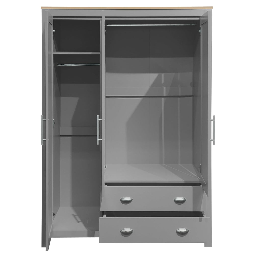 3 Doors Armoire Wardrobe Closet with 2 Drawers, 67.9" H Wooden Closet Wardrobe Cabinet with 2 Hanging Rods and