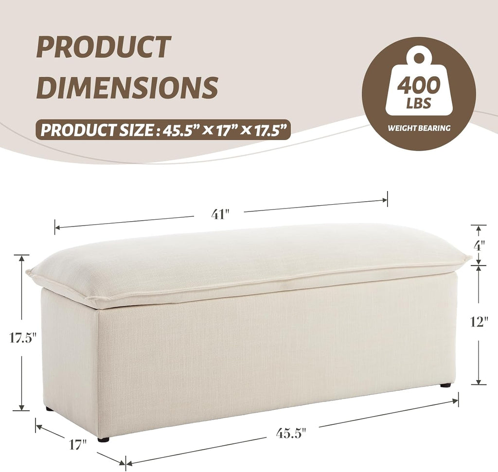 Modern Storage Bench Linen Fabric, Upholstered Storage Ottoman Entryway Bench with Seating Living Room, Beige