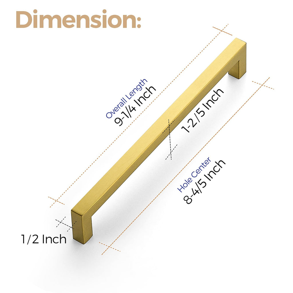 Brushed Brass Square Cabinet Handles & Pulls,8-4/5 Inch,12 Pack