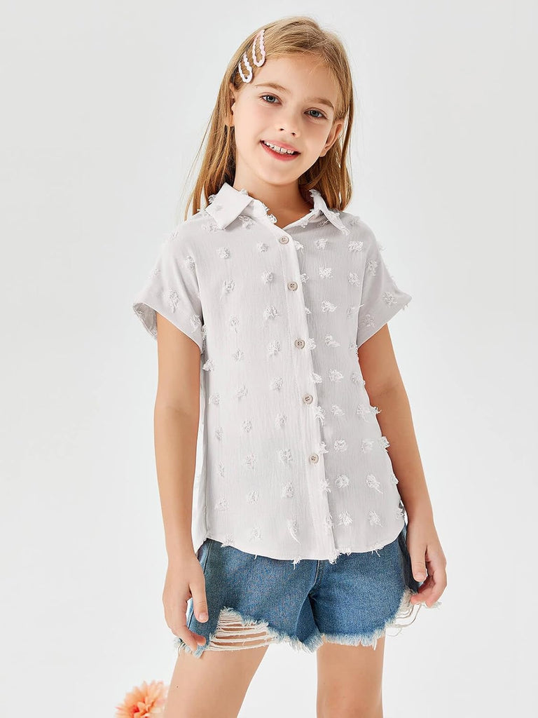 Girls Button Down Shirts Short Sleeve Kids Casual Chiffon Blouse Summer Tops T-Shirt