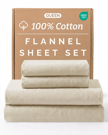 Cotton Flannel Bed Sheet Set - 100% Cotton Flannel Sheets - Queen, Cream
