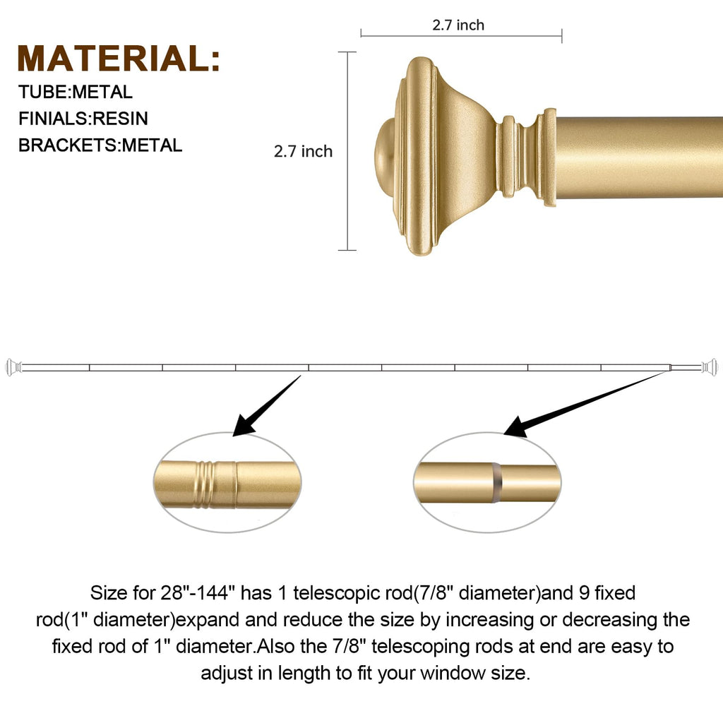 Gold Curtain Rods for Windows 72 to 144 Inch Heavy Duty Adjustable Length 1 Inch Diameter Window Curtain Rods for