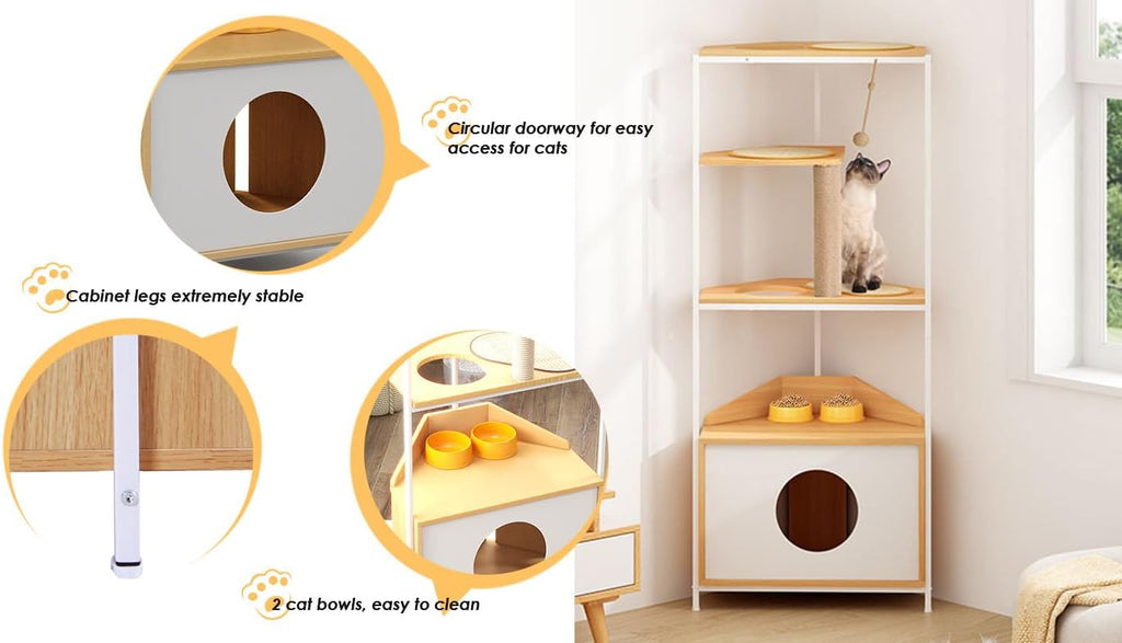 Corner Cat Tree Cat Tower Cat Condo Cat House Furniture, White + Light Oak