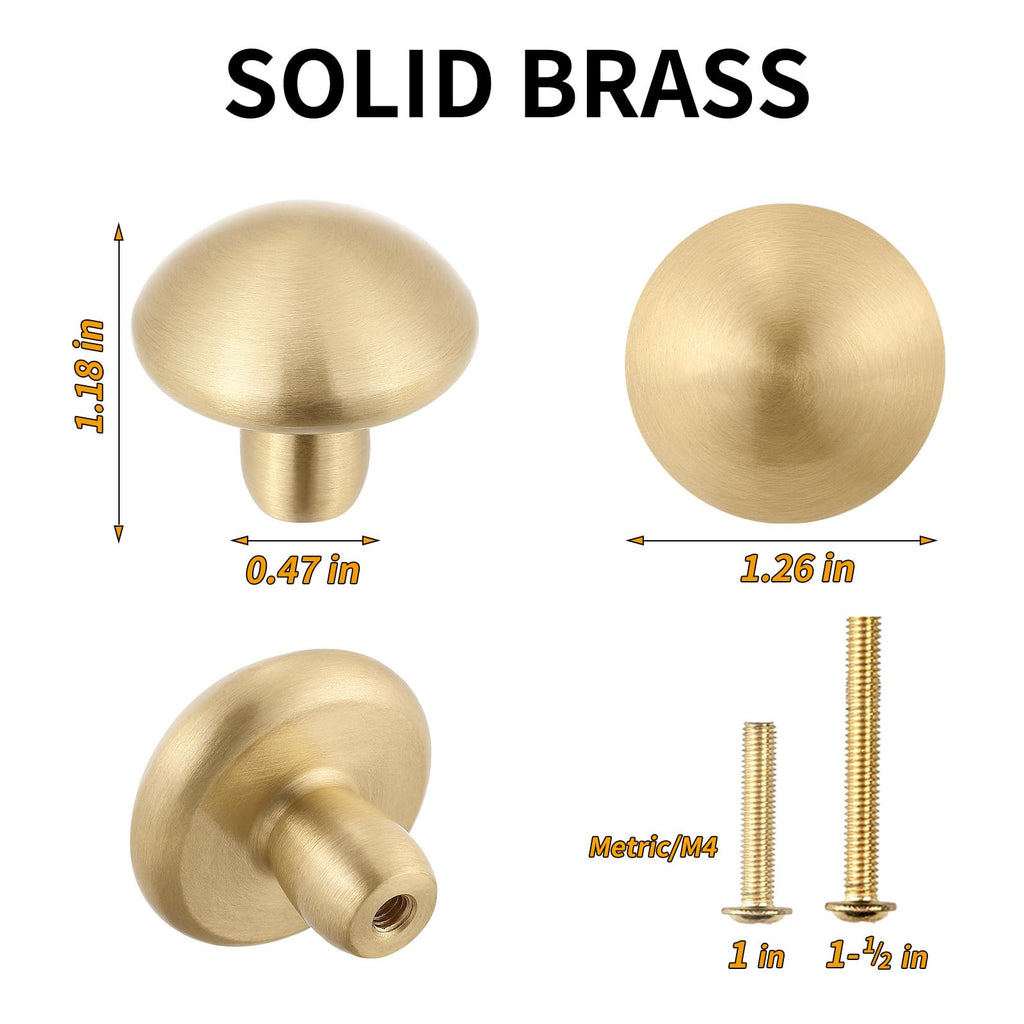 6Pack Solid Brass Cabinet Knobs Pulls Cabinet Drawer Dresser Gold Modern Handles Knobs(1.26"x1.18"/32mmx30mm) Brass