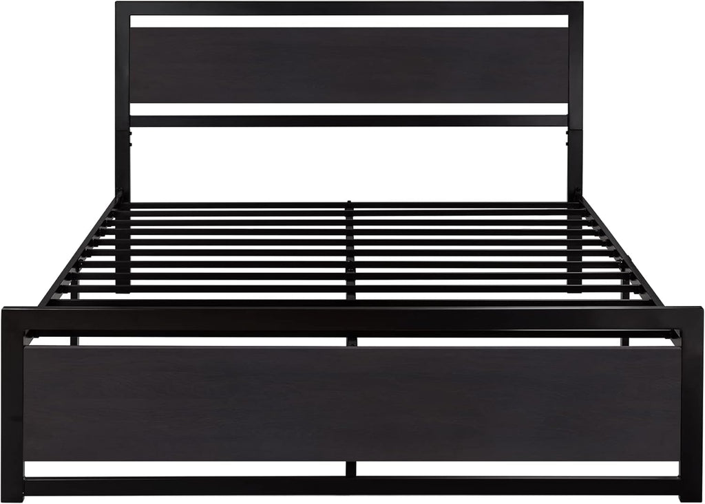 Queen Bed Frame with Modern Headboard, Heavy Duty Platform Metal Base with Square Footboard and 13 Strong Slats