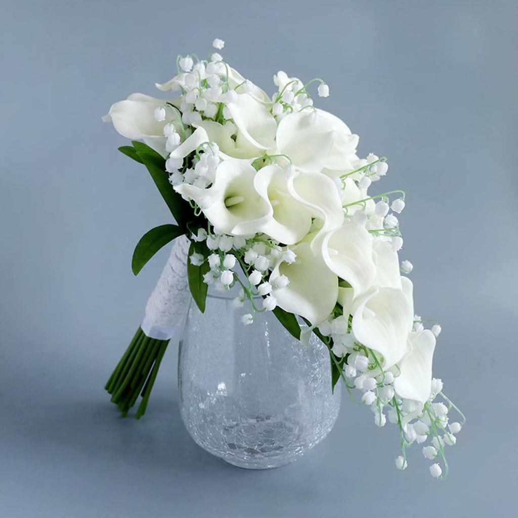 Cascading White Calla Lily Artificial Lily of The Valley Bridal Bouquet - Waterfall Wedding Bouquet for Bride