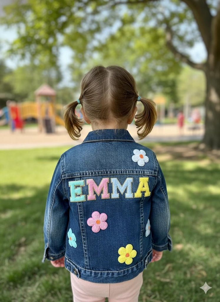 Personalized Denim Jacket for Girls with Name, Custom Toddler Kids Jean Jacket with Chenille Patches, Back to School