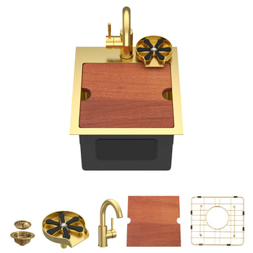 Gold Bar Sink with Faucet, 13"x15" Drop In Small Kitchen Sink, Heavy Duty 16 Gauge 304 Stainless Steel Luxury Gold