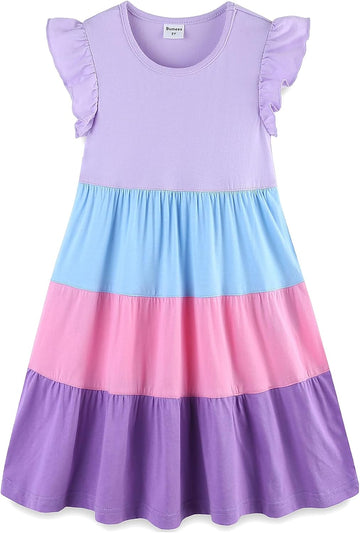 Girl's Dresses Cotton Ruffle Sleeve Tiered Swing A-Line Cute Midi Casual Sundress