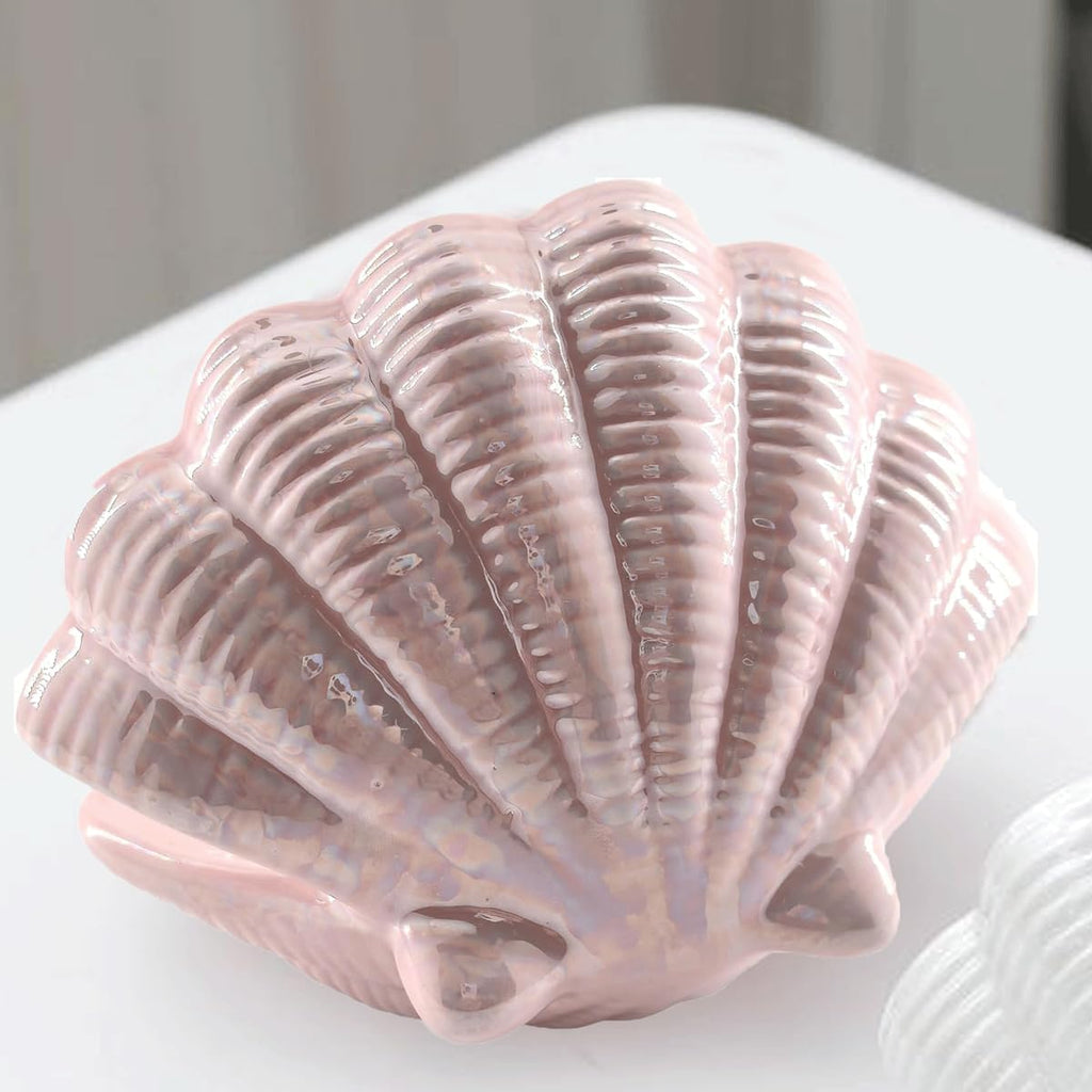 Ceramic Seashell Jewelry Tray Ring Dish - Pink Decorative Bowl for Vanity Dresser, Coastal Trinket Dish Holder