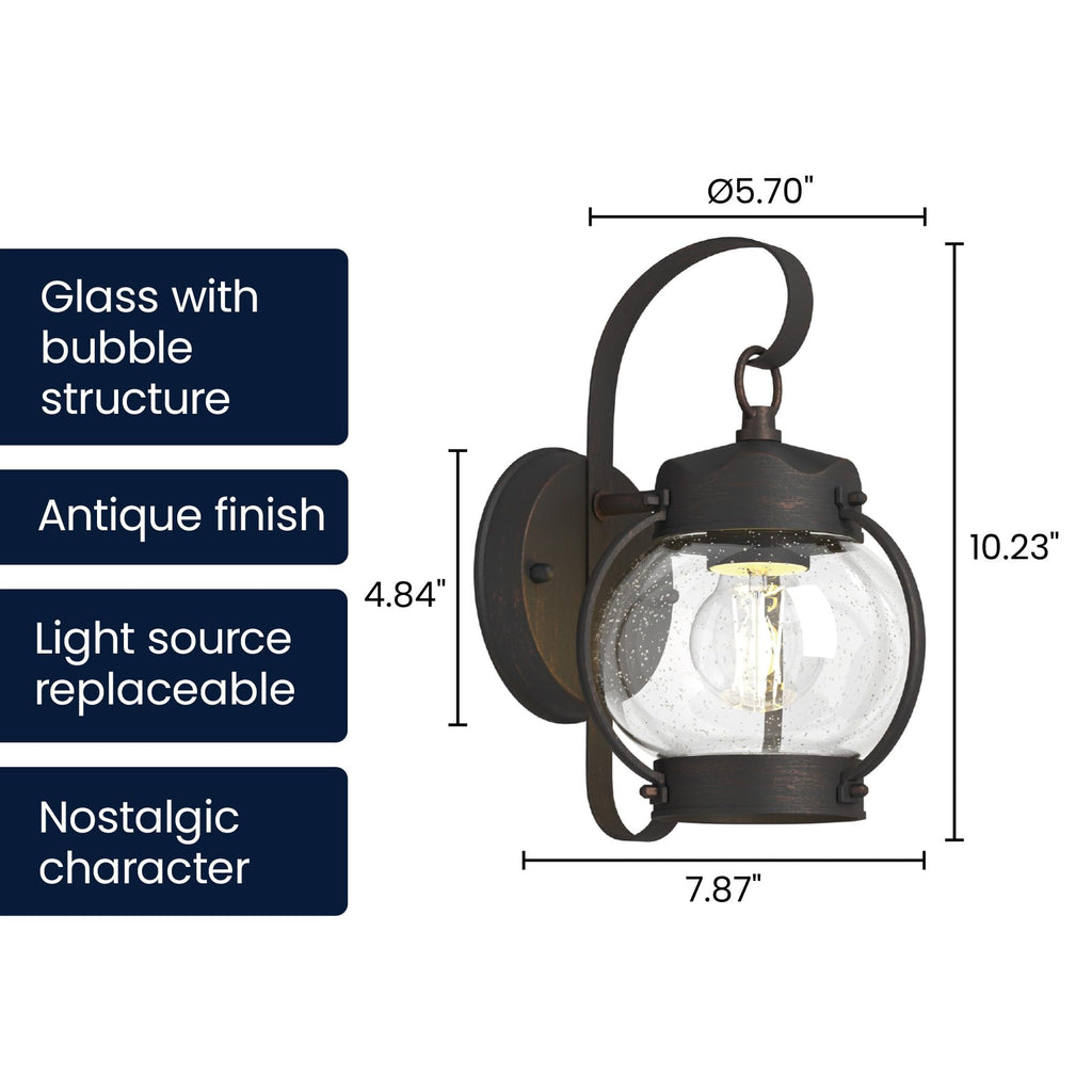 10.2" Outdoor Wall Light, Rustic Lantern Sconce with Bubble Glass Shade, Rust Brown Exterior Light for Porch Decor
