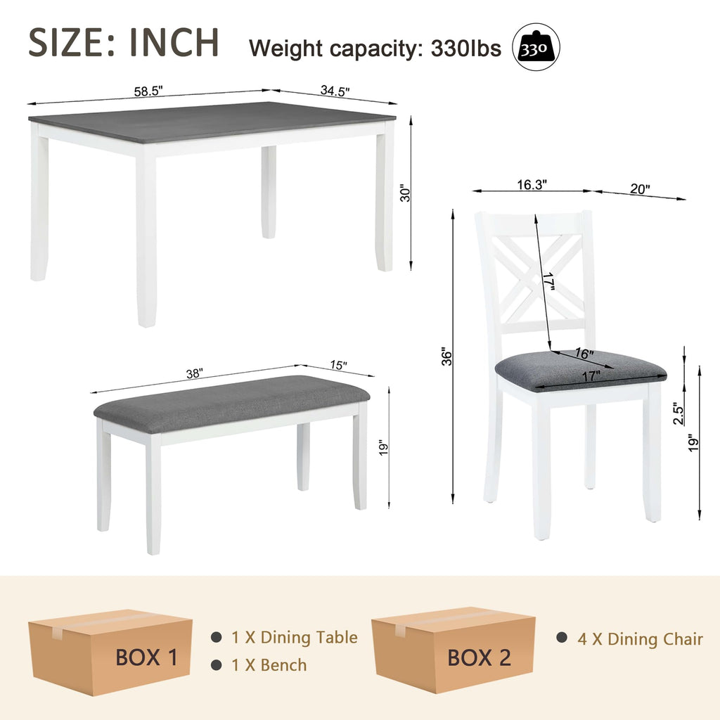 6 Piece Kitchen Dining Set, 58.5" Rectangular Rubber Wood Table with 4 Upholstered Chairs and Bench, Grey & White