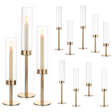 Gold Candlestick Holders: 12PCS Cylinder Glass Hurricane for Tapers
