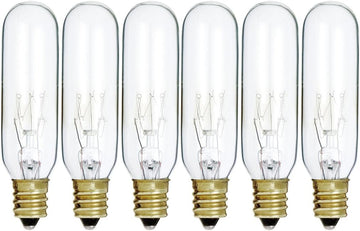 15W T6 Clear Tubular Incandescent Bulbs, E12 Candelabra Base, 6-Pack