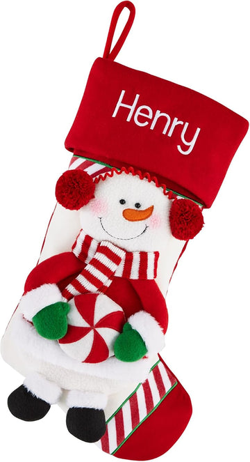 Personalized - Stockings for Family - Embroided - 3-D Plush - Christmas Decor - 8"x18" - Candy Cane Family - Snowman