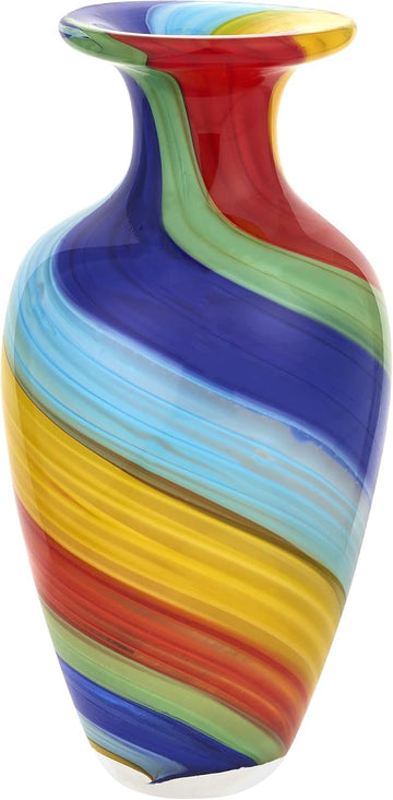 Rainbow Murano-Style Art Glass Vase - 10" Tall Mouth-Blown Glass Vase - Contemporary Home Decor Accent Piece