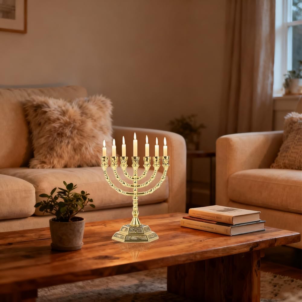 7 Branch Hanukkah Candle Holder Gold Candelabra with 12 Tribes of Israel Design, 5 Inch Jewish Candle Holder