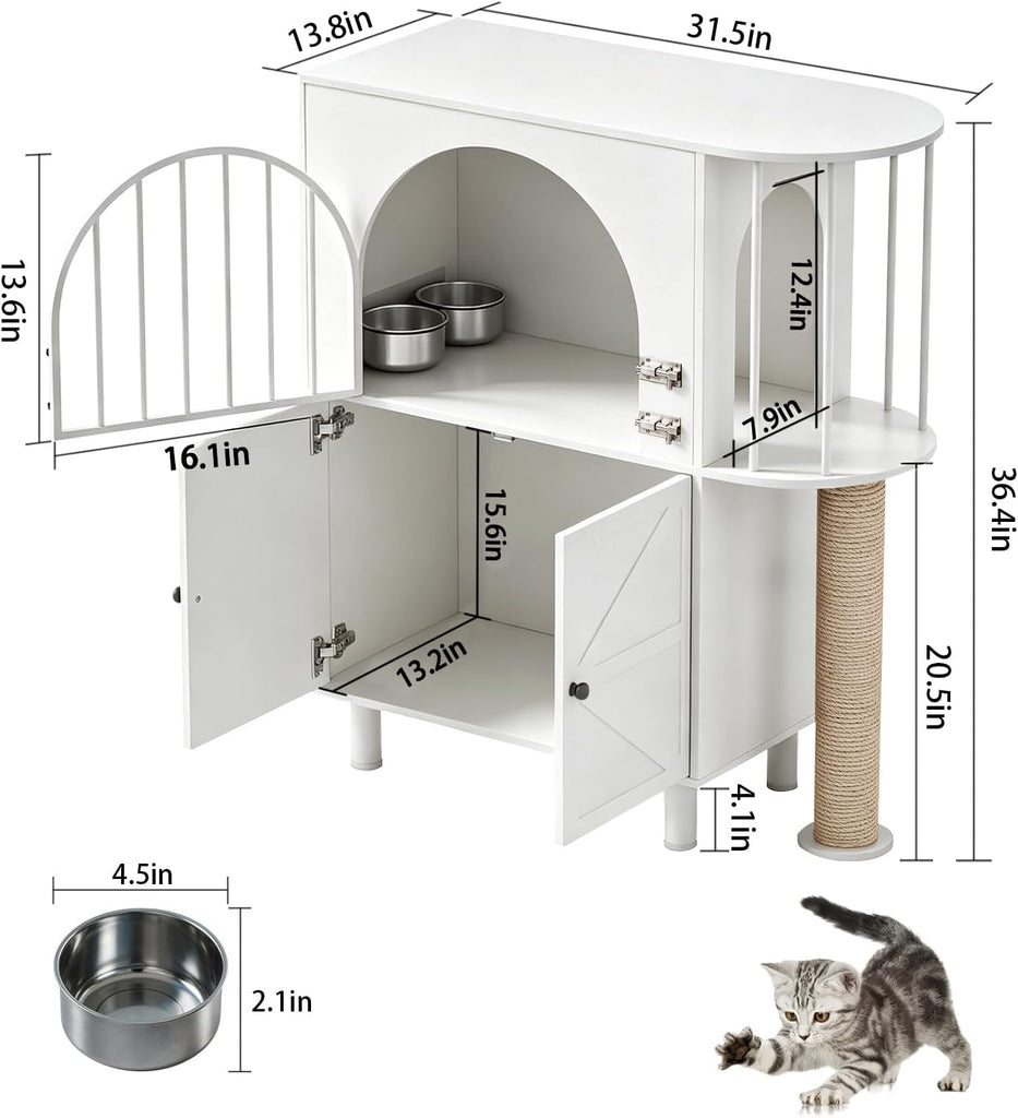 Dog Proof Cat Feeding Station with Scratching Post, Pet Food Storage, White