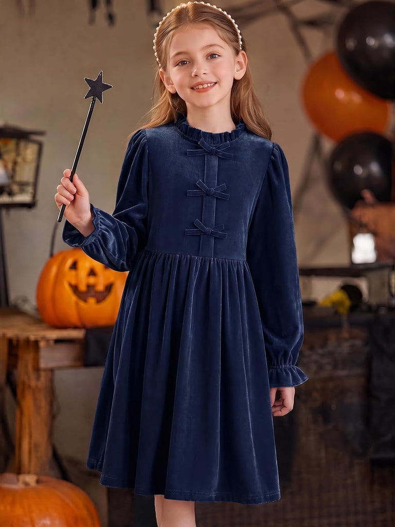 Girls Velvet Long Sleeve Dress Ruffled A-Line Party Dresses