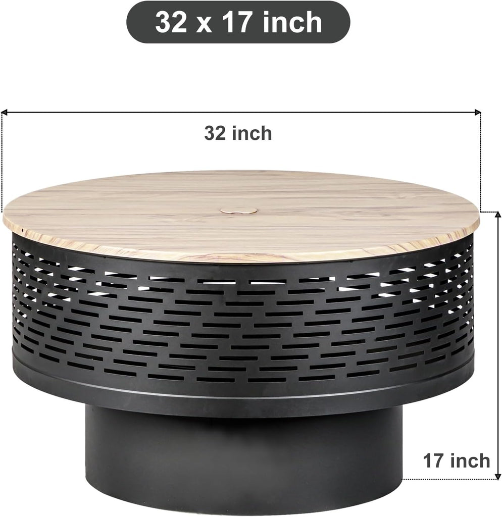 32" Wood Burning Fire Pits with Grill & Lid, Fire Pit Table for Outside with Waterproof Cover & Fire Poker