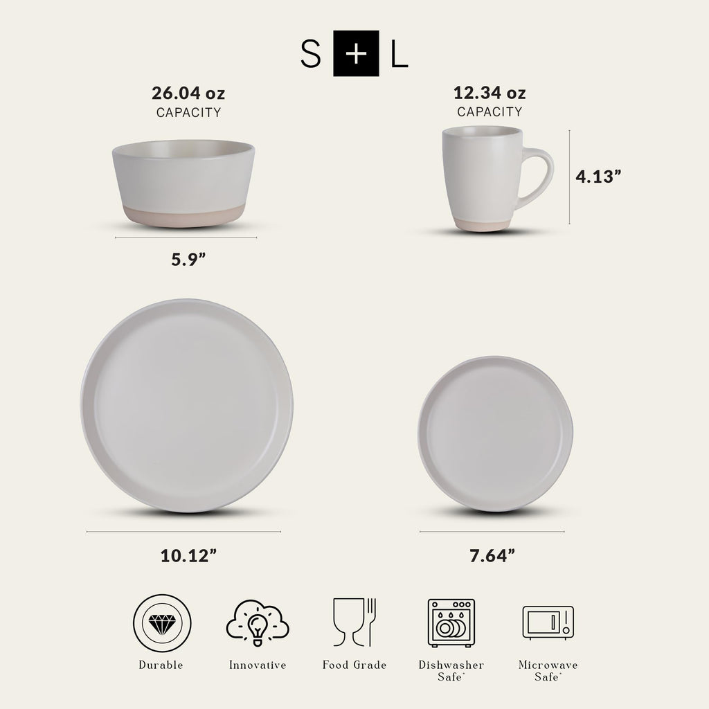 Lain Jules Modern Stoneware 32-Piece Round Dinnerware Set, Plates and Bowls Sets, Dish Set for 8, White