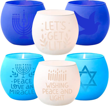 Hanukkah Decorations Indoor Tealight Votive Candle Holders with , Star of David for Jewish Holiday Decor - Blue - Set of 6
