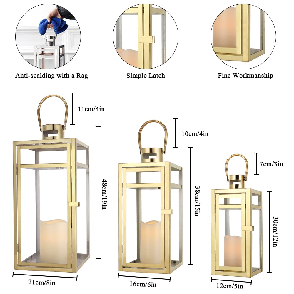 Elegant Gold Stainless Steel Lantern Set- 3 Sizes (12", 15", 19") - Tempered Glass Panel Metal Lanterns for Versatile