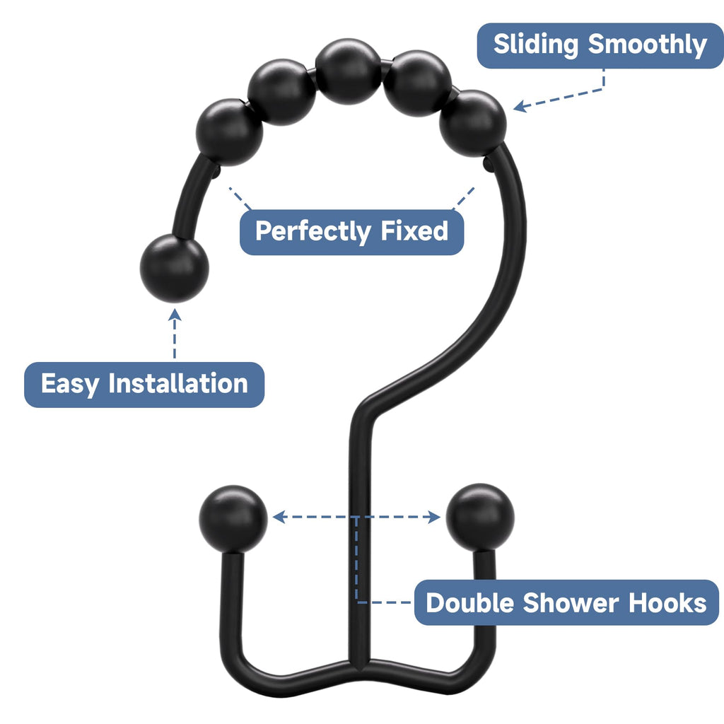 Black Shower Curtain Hooks Rings, Rust-Resistant Metal Double Glide Shower Hooks Shower Rods Curtains, Set of 12