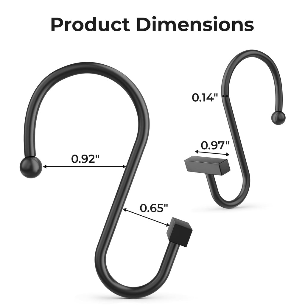 Shower Curtain Hooks, Black Shower Curtain Rings Rust Proof, 12PCS Shower Hooks for Shower Curtain, T-Bar Design