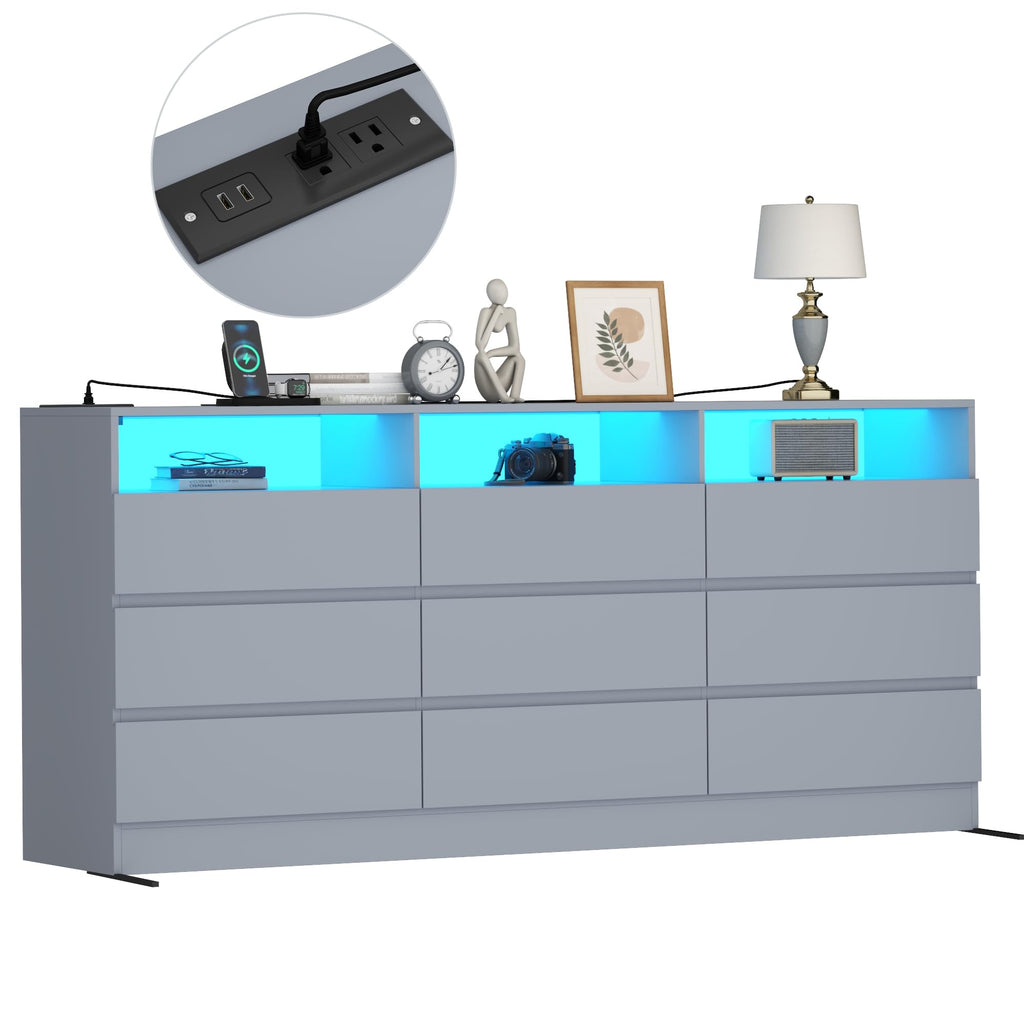 63" Grey 9-Drawer Dresser w/Power Outlet, LED Light