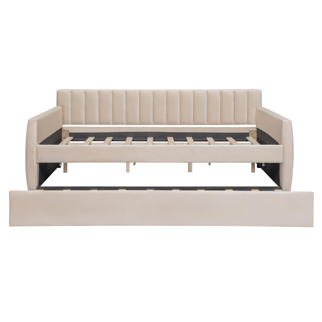 Full Size Daybed with Trundle, Upholstered Day Bed Frame Velvet Sofa Beds with Vertical Channel Tufted Headboard