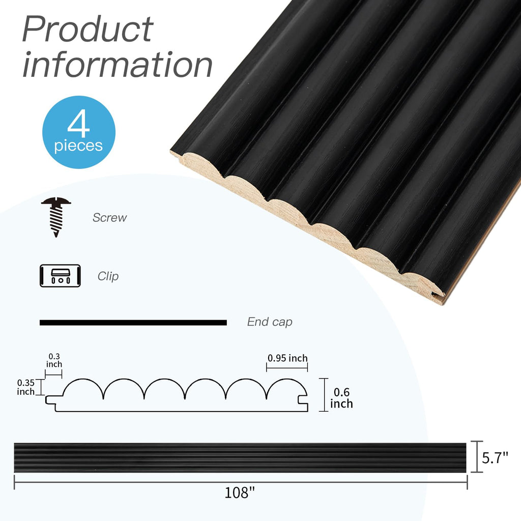 108 x 5.7 Inch Fluted Wood Textured Slat Wall Panel, Beaded Black